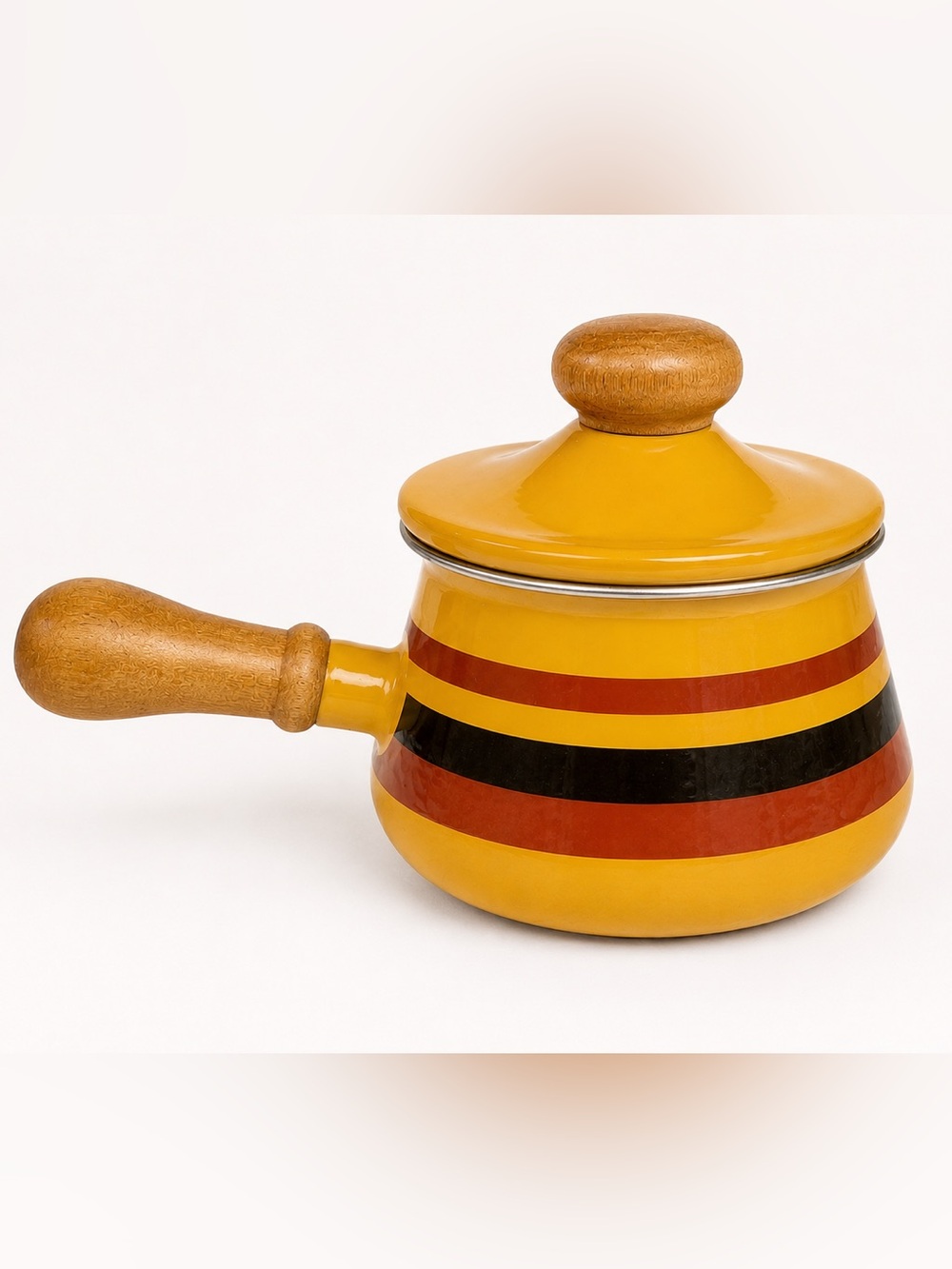 Vintage Levcoware Enamel Fondue Pot Yellow Striped SaucepanWood Handle Japan